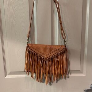 Chic Tan Crossbody Bag with Fringe